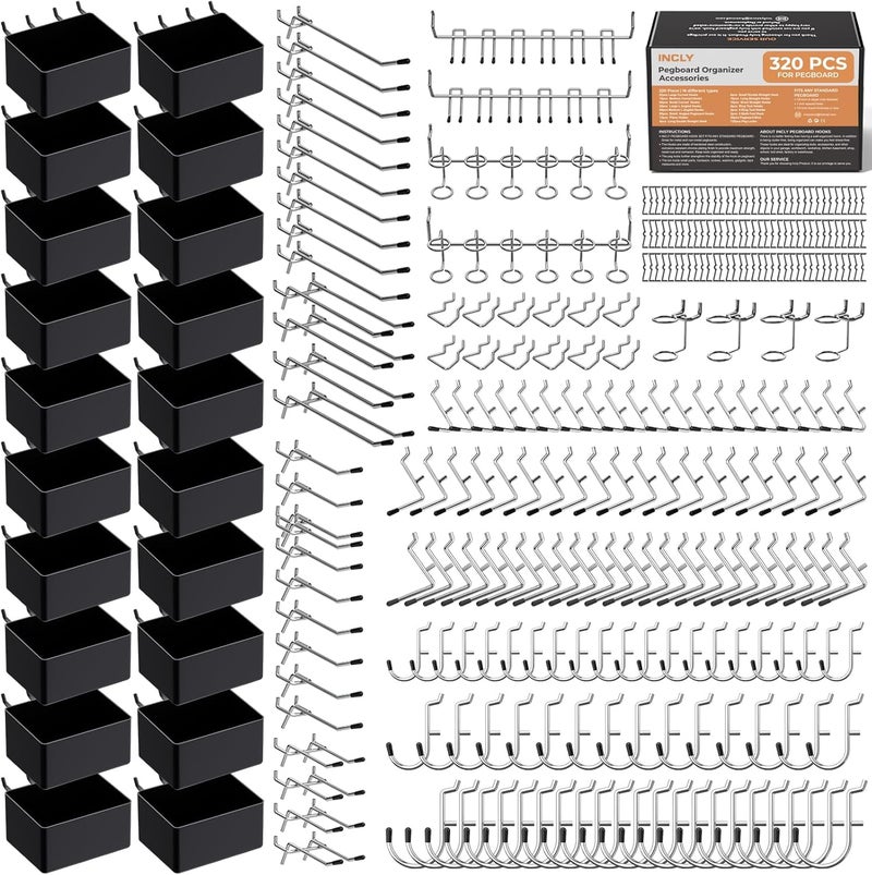 INCLY 320PCS Pegboard Accessories Organizer Kit, Peg Board Hooks Assortment with 20PCS Bins for Organizing Various Tools, Fit 1/8 or 1/4 inch Pegboard for Hanging Storage, Garage Wall Attachments - Image 1